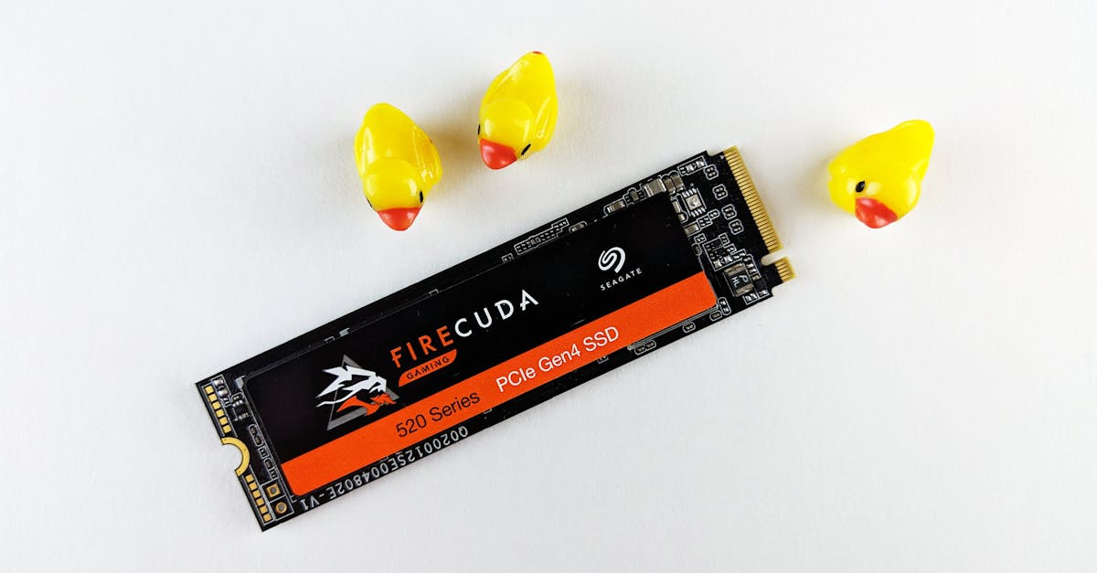 Close-up of a Seagate FireCuda SSD on a white background with three yellow rubber ducks.