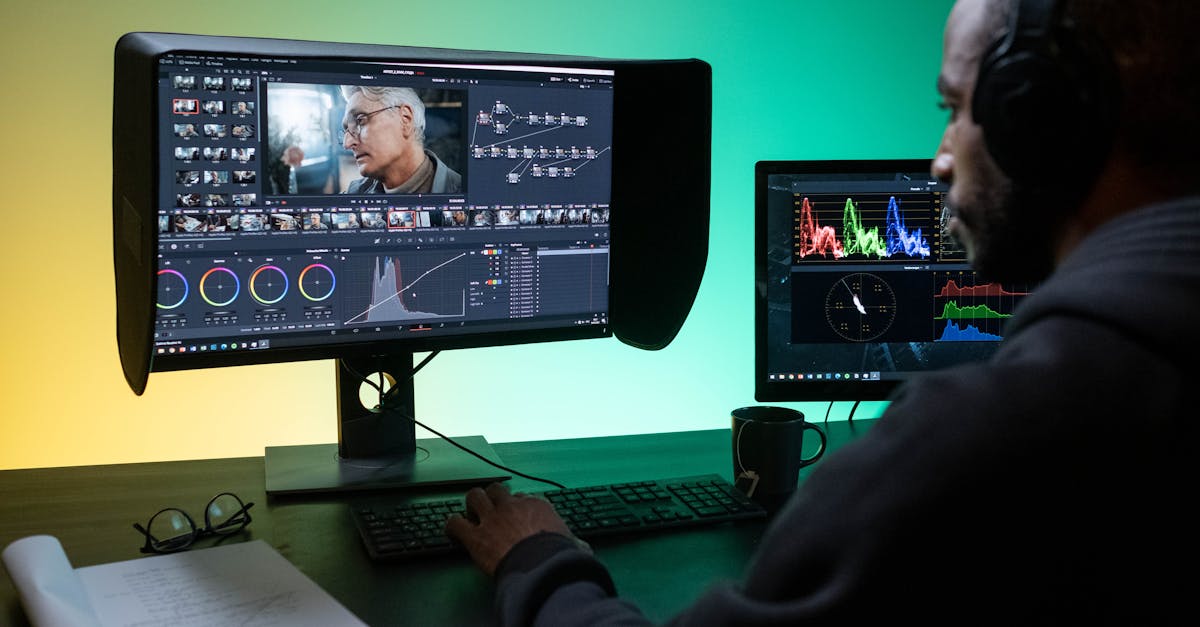 Man editing footage on dual monitors in a modern studio setting.